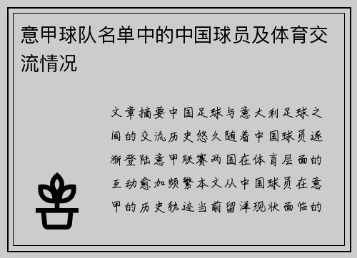 意甲球队名单中的中国球员及体育交流情况