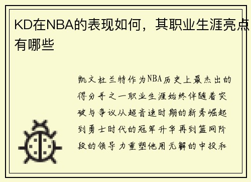 KD在NBA的表现如何，其职业生涯亮点有哪些
